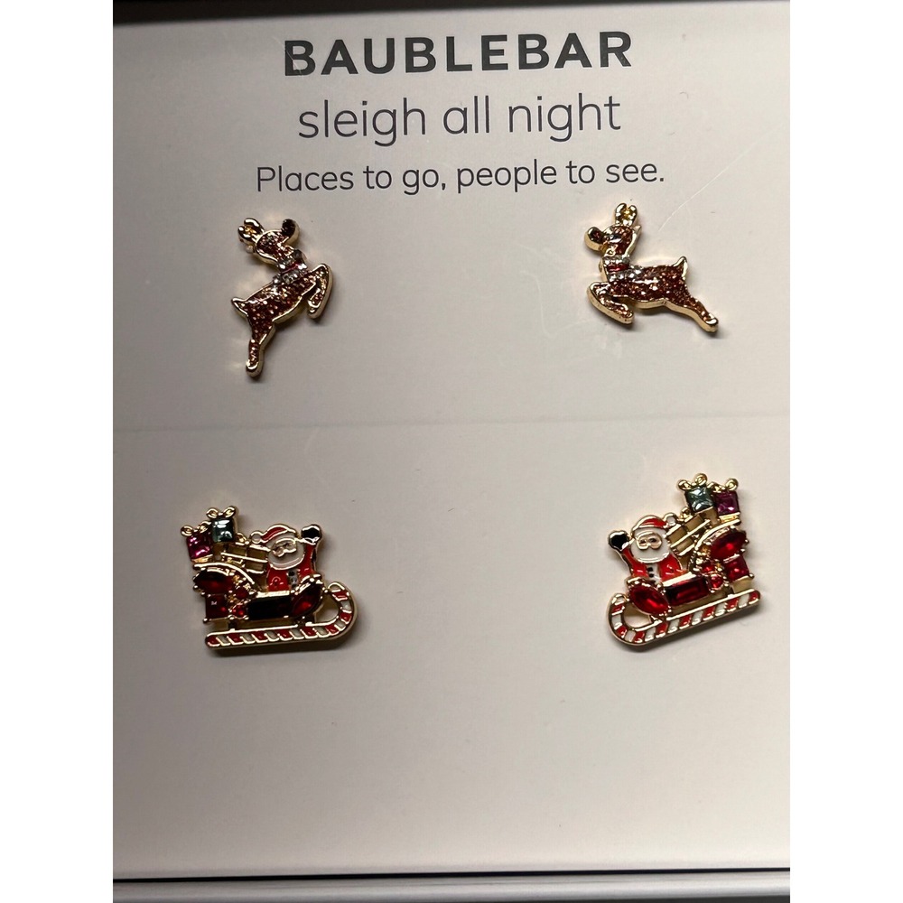 BaubleBar Sleigh All Night Christmas Earring Set Reindeer Santa Studs Gold Tone